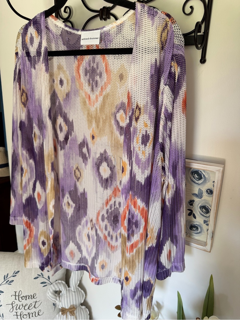 Alfred Dunner Purple and Cream Ikat Open-Front Knit Tunic - Picture 4 of 8